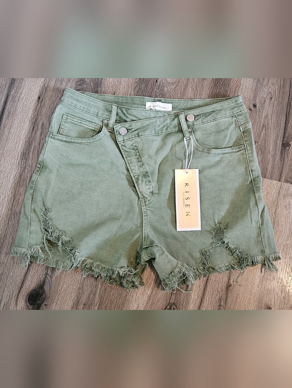 Risen Olive Green Distressed Denim Shorts for Women